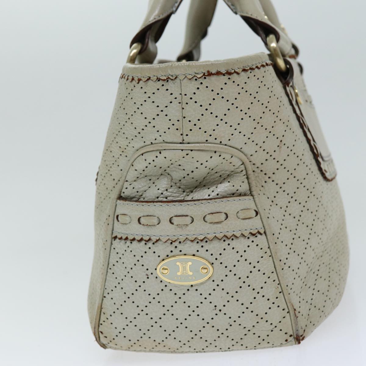 CELINE Hand Bag Leather Beige Auth 74693