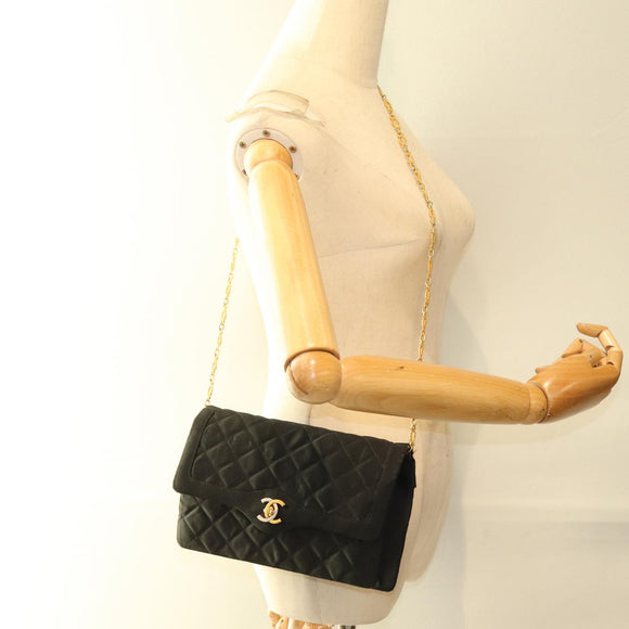 CHANEL Matelasse Chain Shoulder Bag Satin Paris limited Black CC Auth 74757A