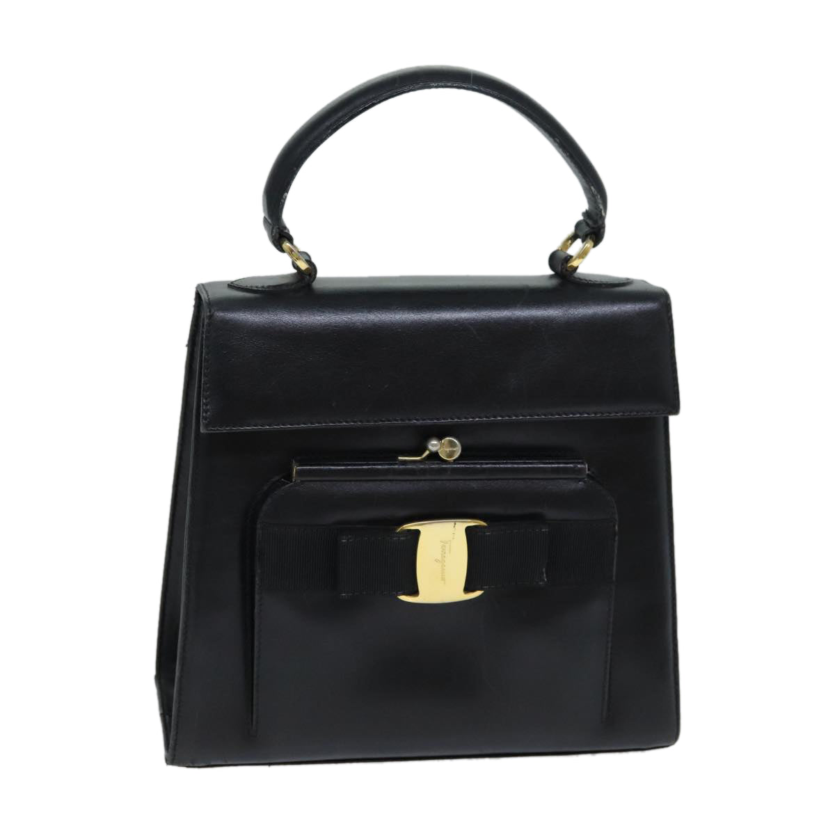 Salvatore Ferragamo Hand Bag Leather Black Auth 74788