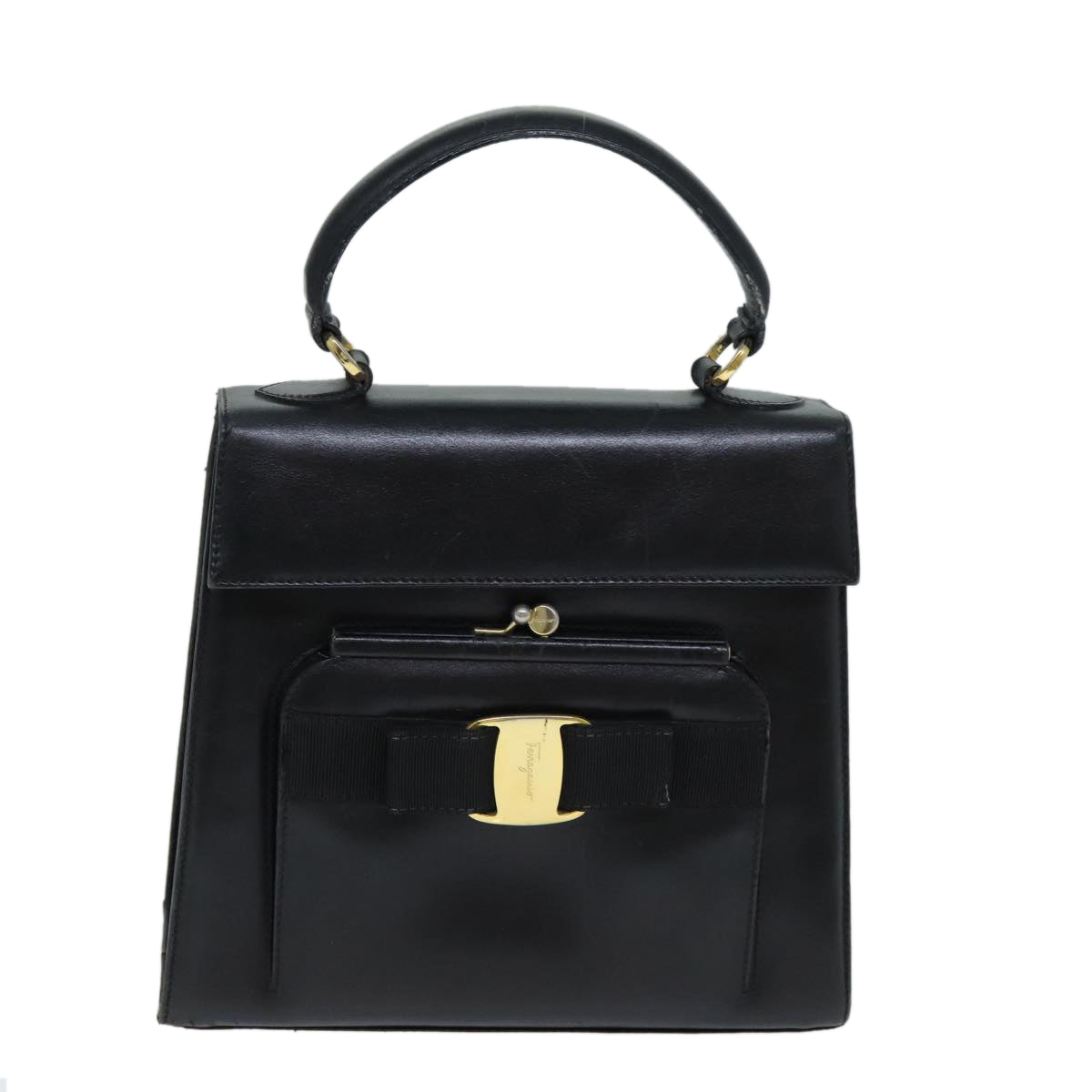 Salvatore Ferragamo Hand Bag Leather Black Auth 74788