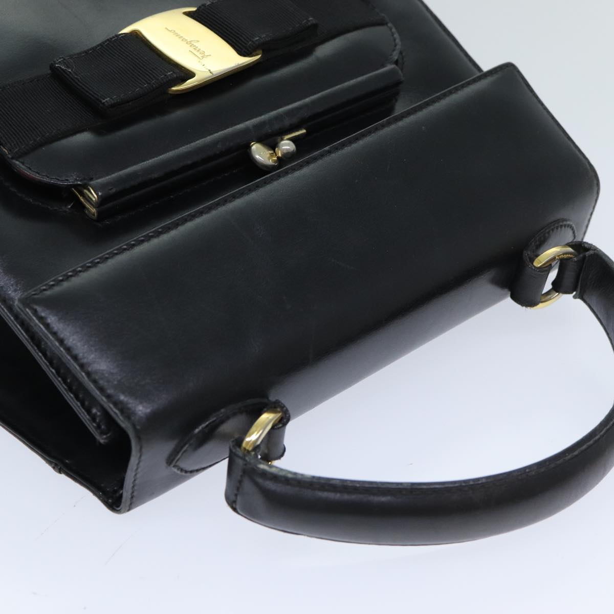 Salvatore Ferragamo Hand Bag Leather Black Auth 74788