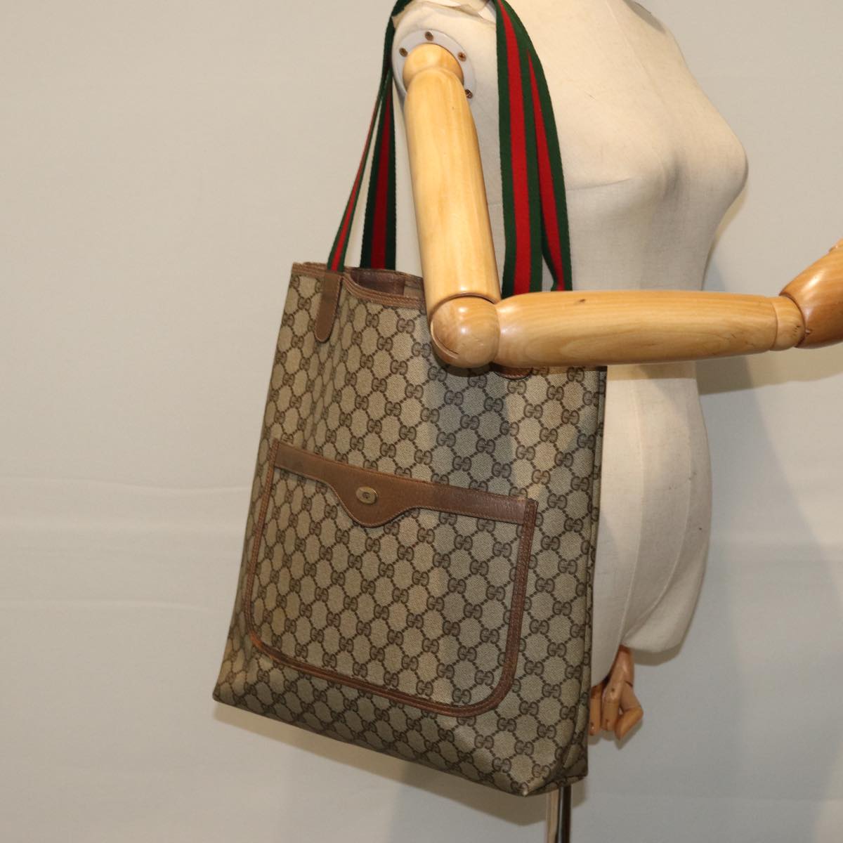 GUCCI GG Supreme Web Sherry Line Tote Bag PVC Beige Red 39 02 003 Auth 74846