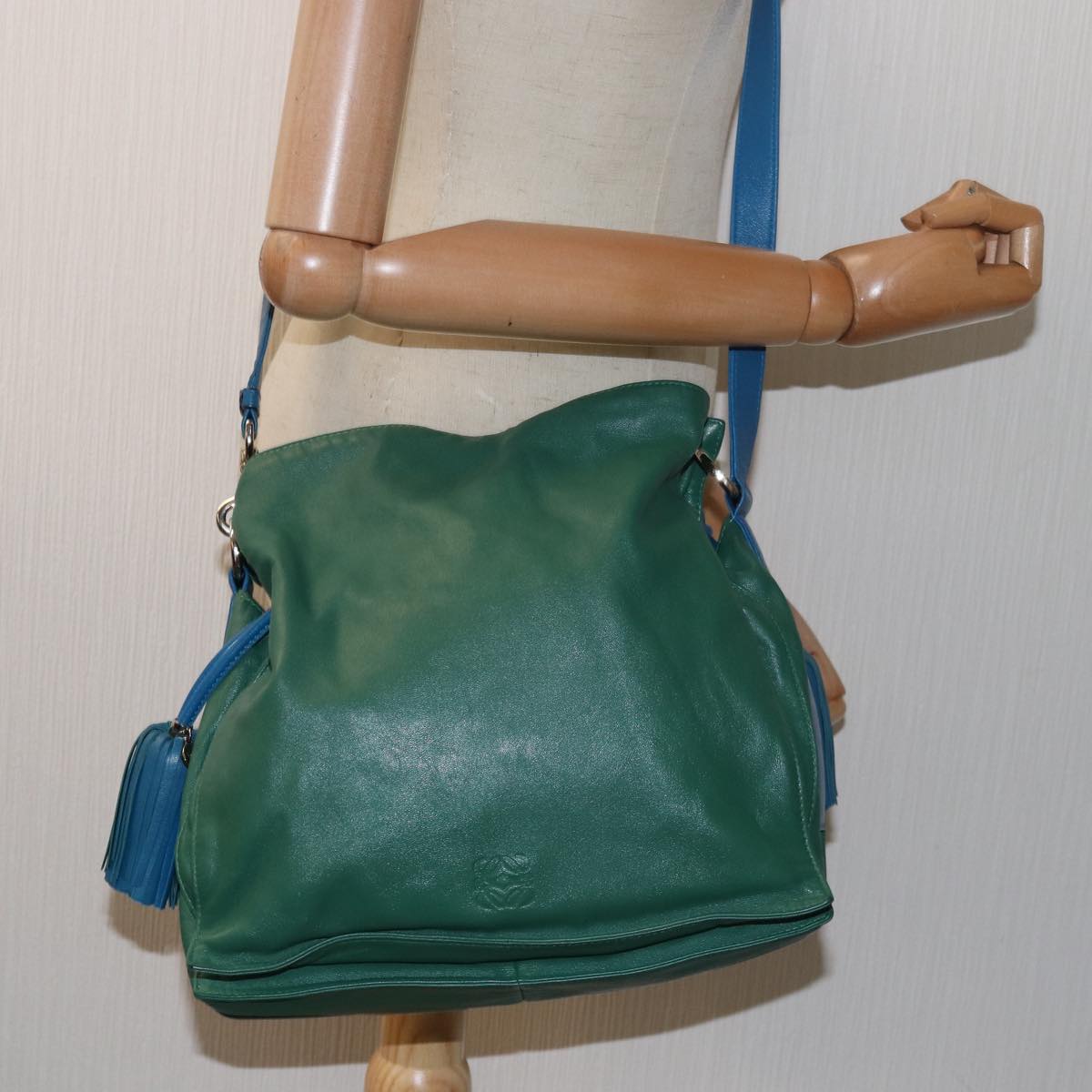 LOEWE Flamenco Shoulder Bag Leather Blue Green Auth 74848