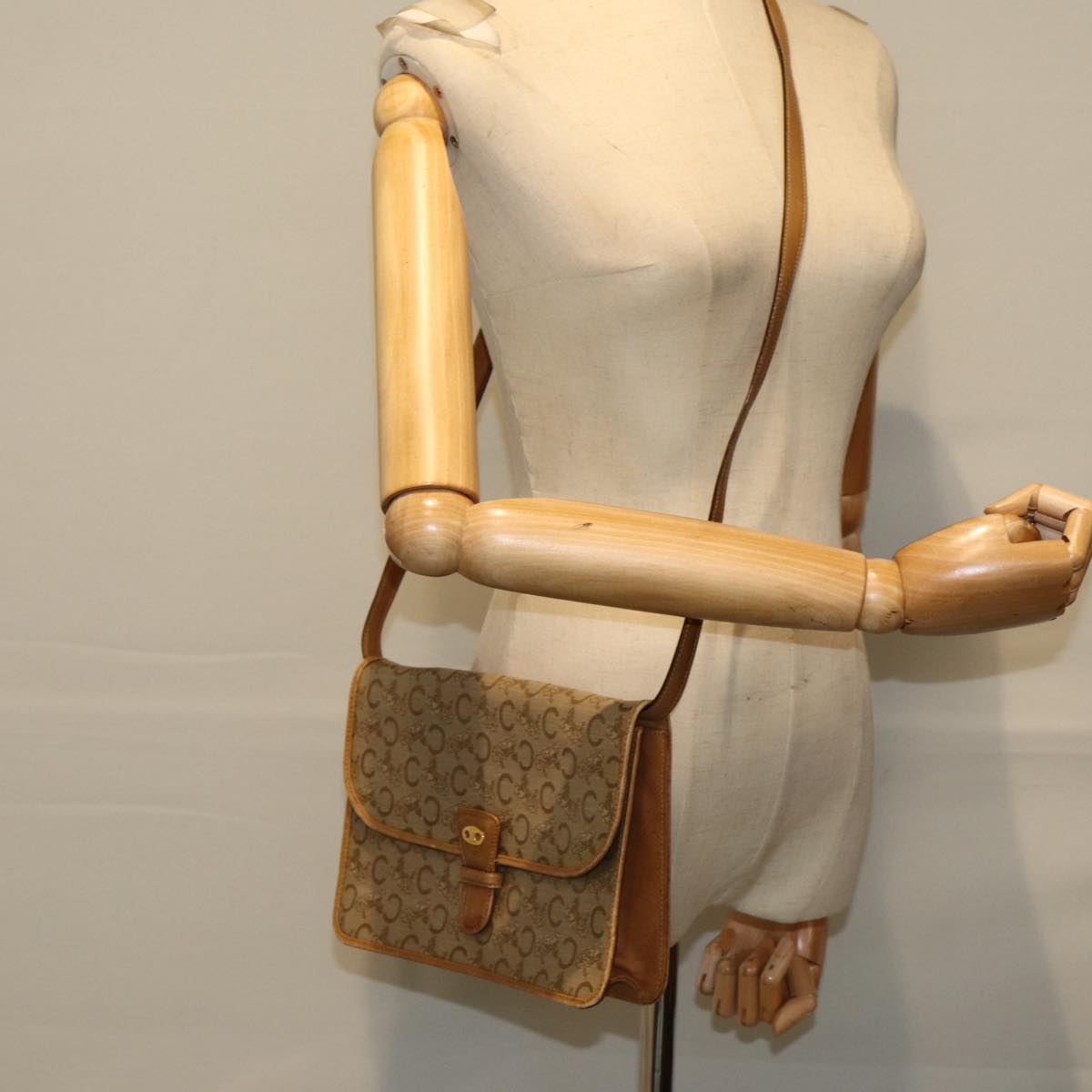 CELINE C Macadam Canvas Shoulder Bag Beige Auth 74866