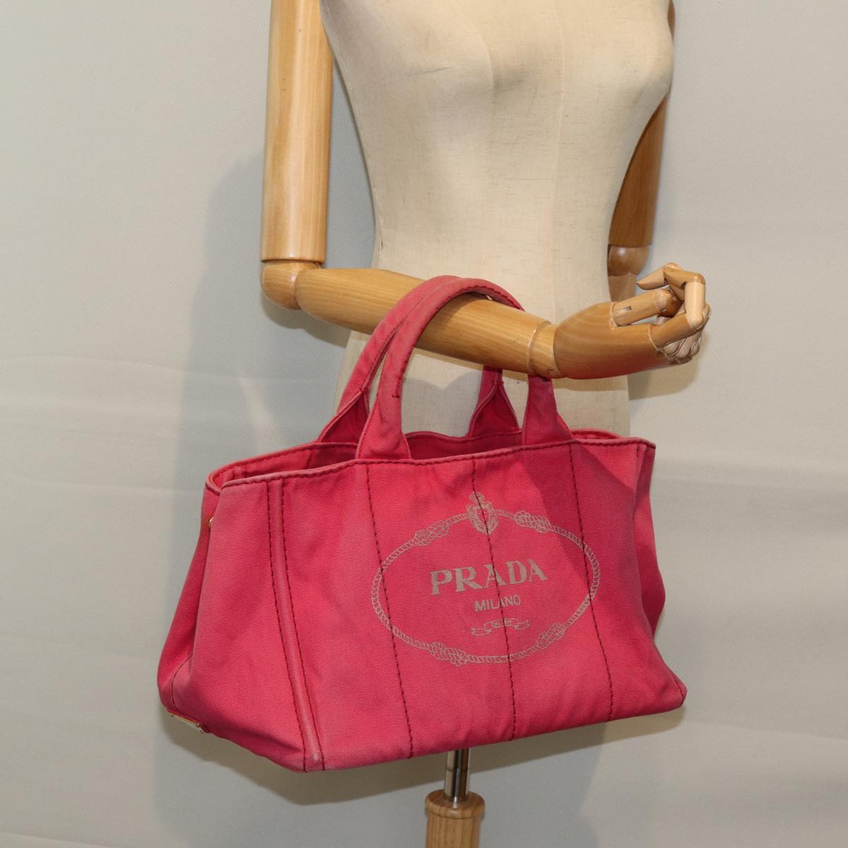 PRADA Canapa MM Hand Bag Canvas Pink Auth 74994