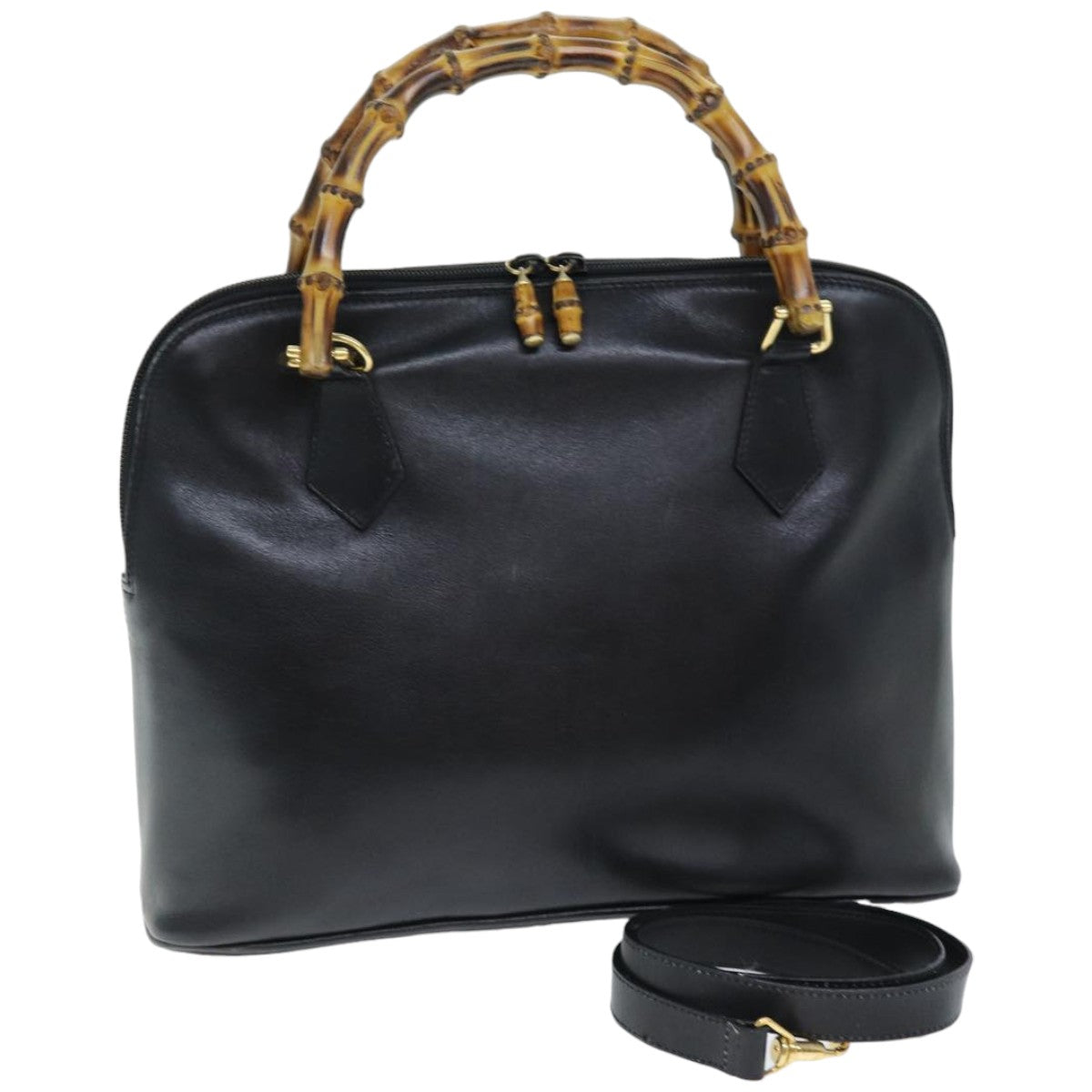 GUCCI Bamboo Hand Bag Leather 2way Black 000 1186 0289 Auth 75113