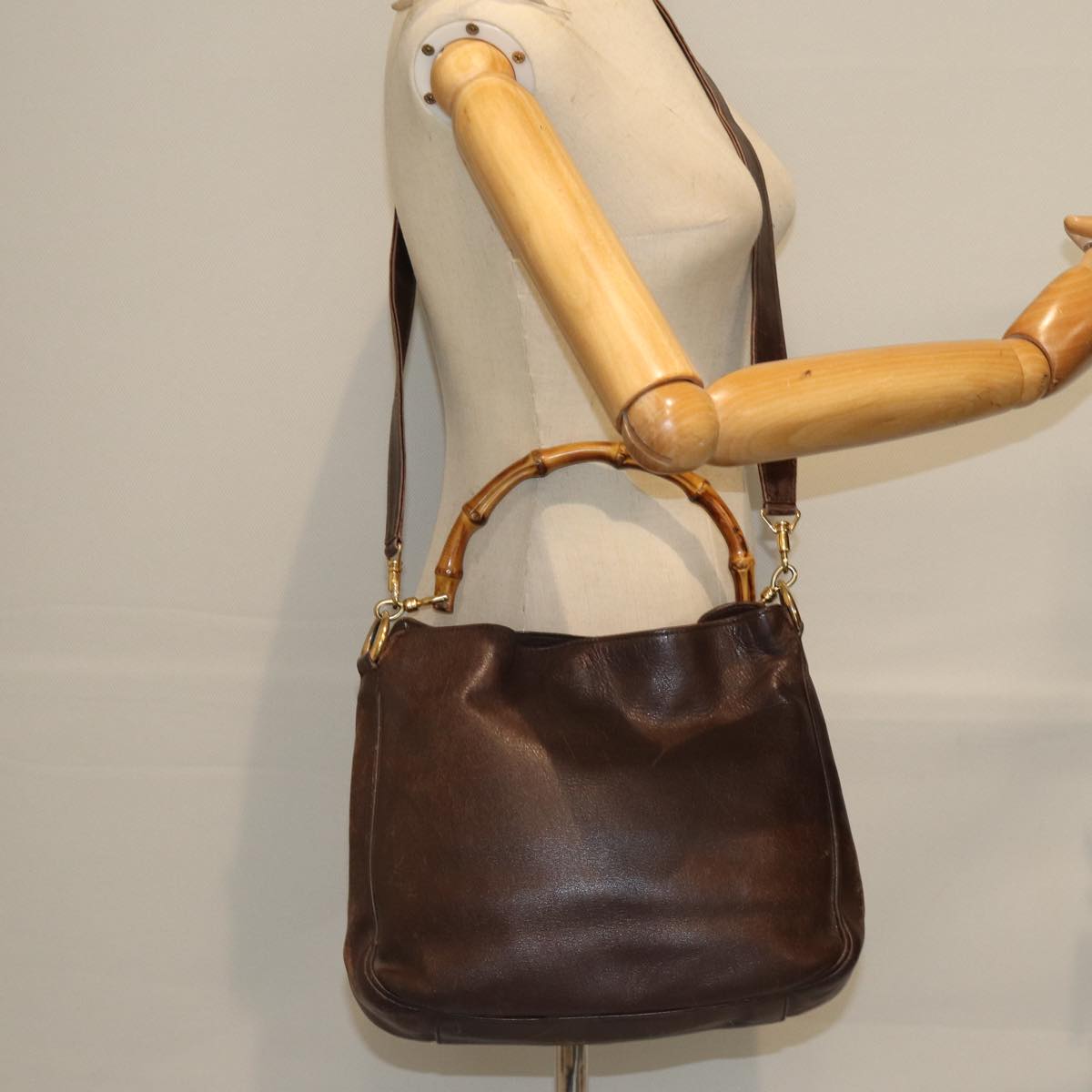 GUCCI Bamboo Hand Bag Leather 2way Brown 001 1638 Auth 75115