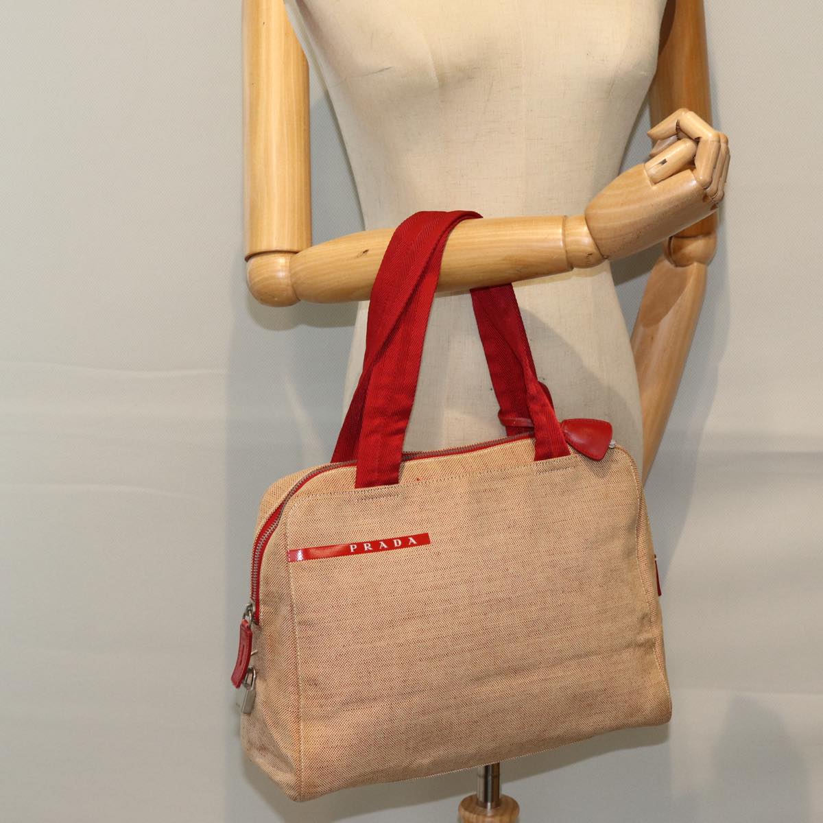 PRADA Sports Tote Bag Canvas Red Beige Auth 75127