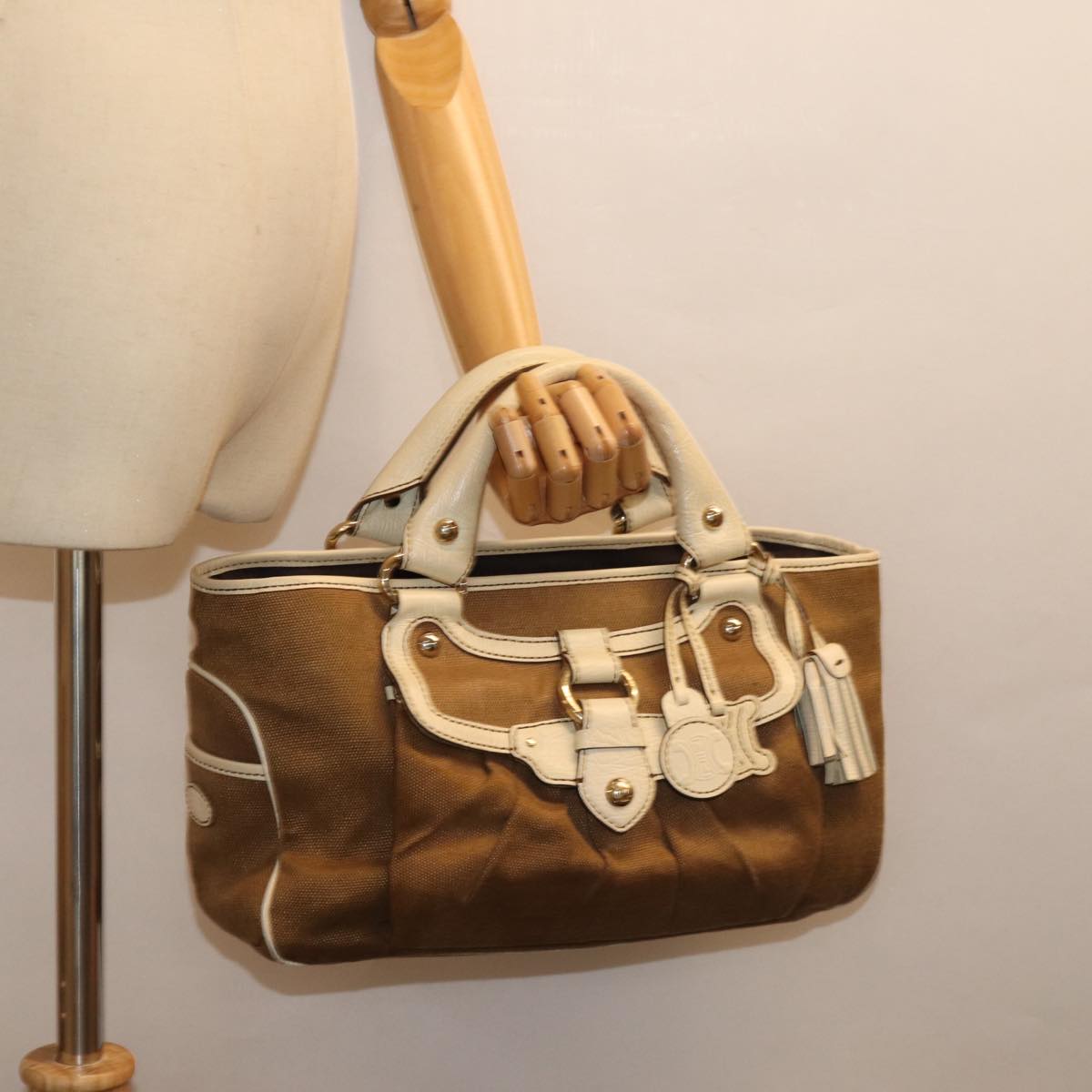 CELINE Hand Bag Canvas Brown Auth 75136