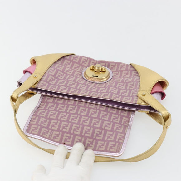 FENDI Zucchino Canvas Shoulder Bag Pink Gold Auth 75222