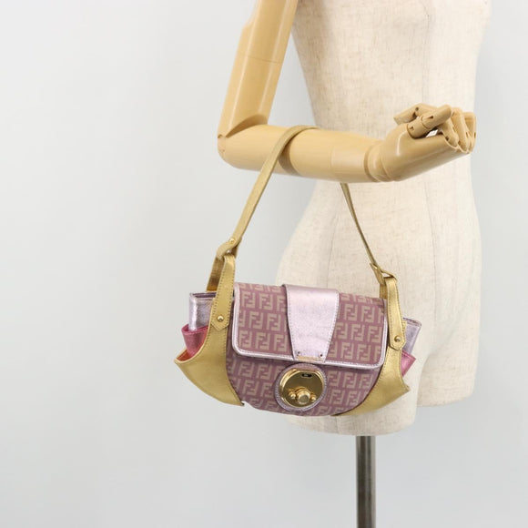 FENDI Zucchino Canvas Shoulder Bag Pink Gold Auth 75222