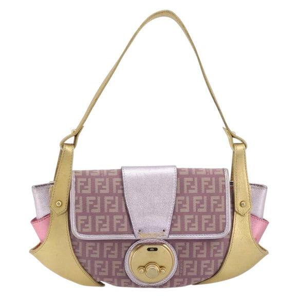 FENDI Zucchino Canvas Shoulder Bag Pink Gold Auth 75222