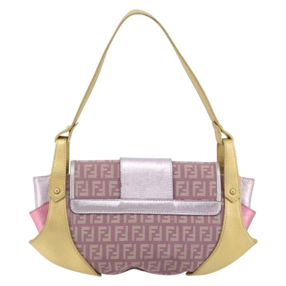 FENDI Zucchino Canvas Shoulder Bag Pink Gold Auth 75222