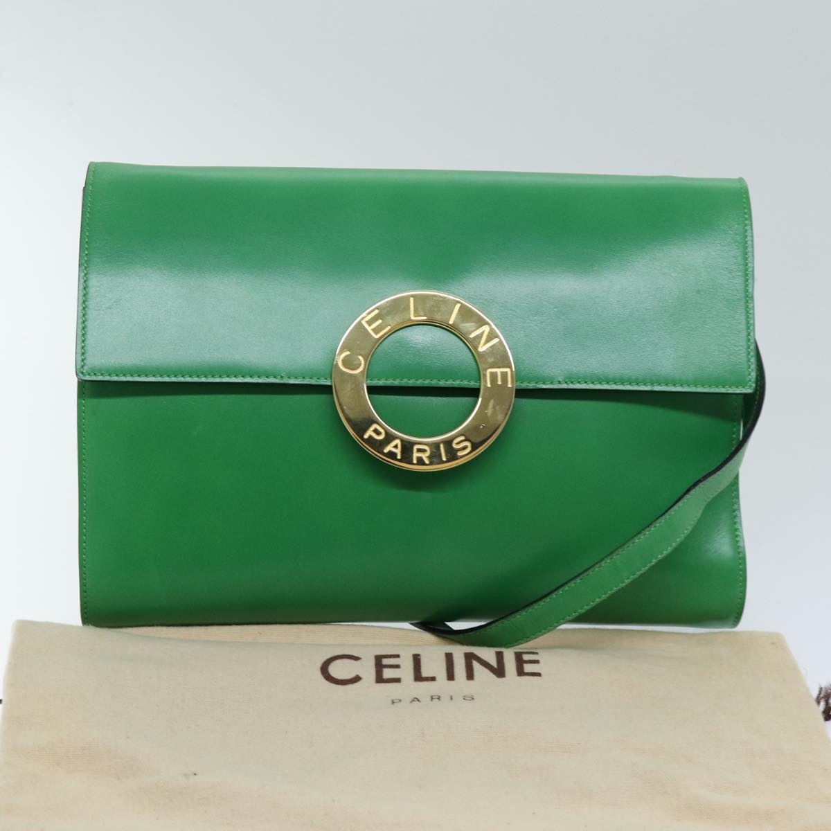 CELINE Shoulder Bag Leather Green Auth 75227A