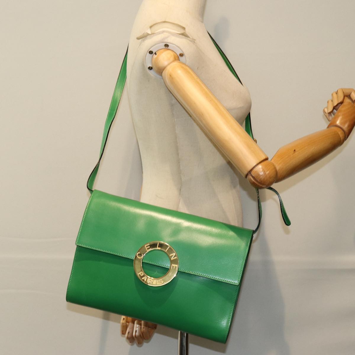 CELINE Shoulder Bag Leather Green Auth 75227A