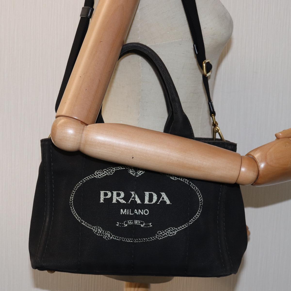 PRADA Canapa PM Hand Bag Canvas 2way Black Auth 75342