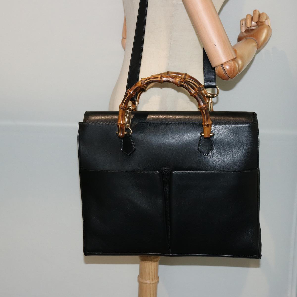 GUCCI Bamboo Tote Bag Leather 2way Black 002 2855 0322 0 Auth 75353