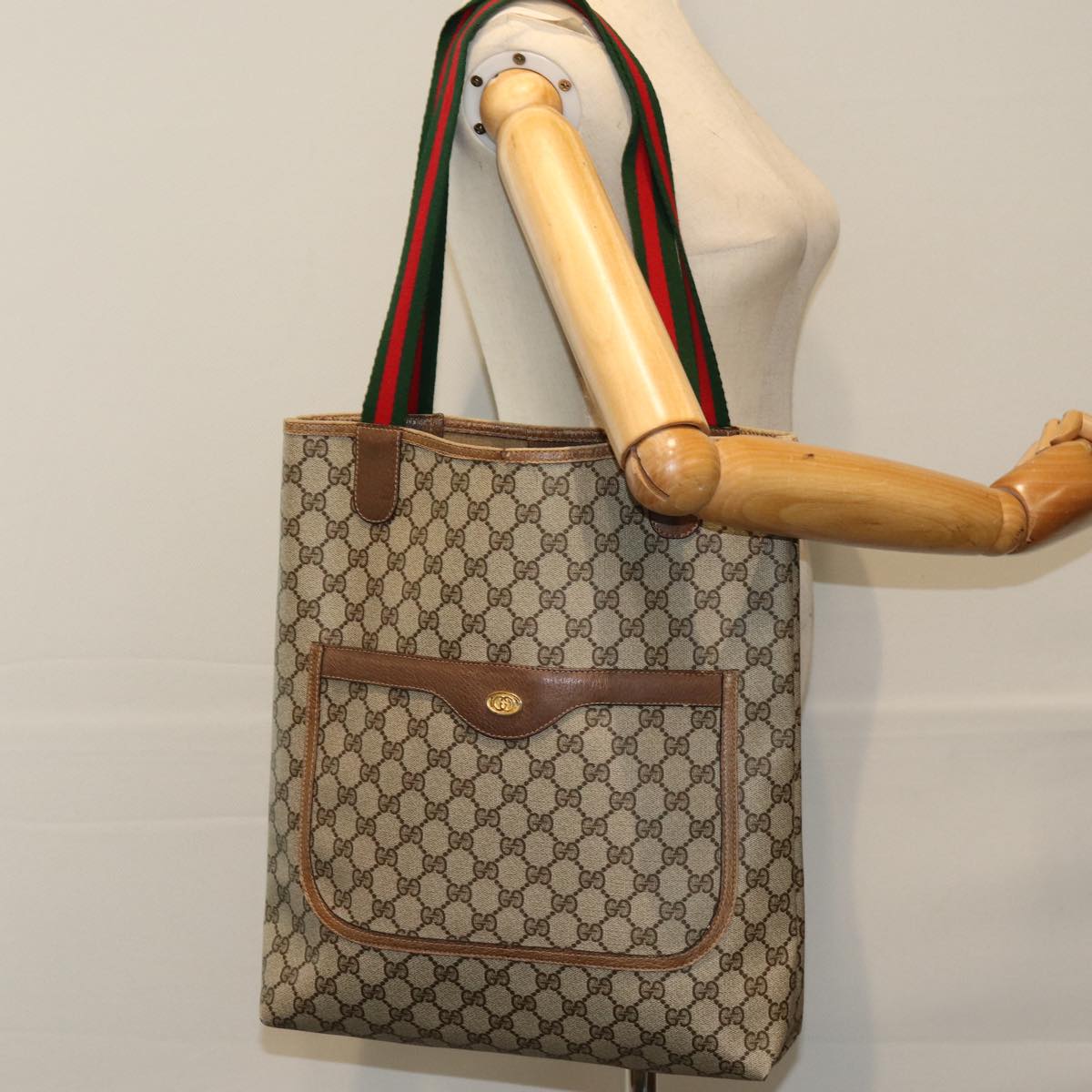 GUCCI GG Supreme Web Sherry Line Tote Bag PCVLeather Beige 39 02 003 Auth 75358