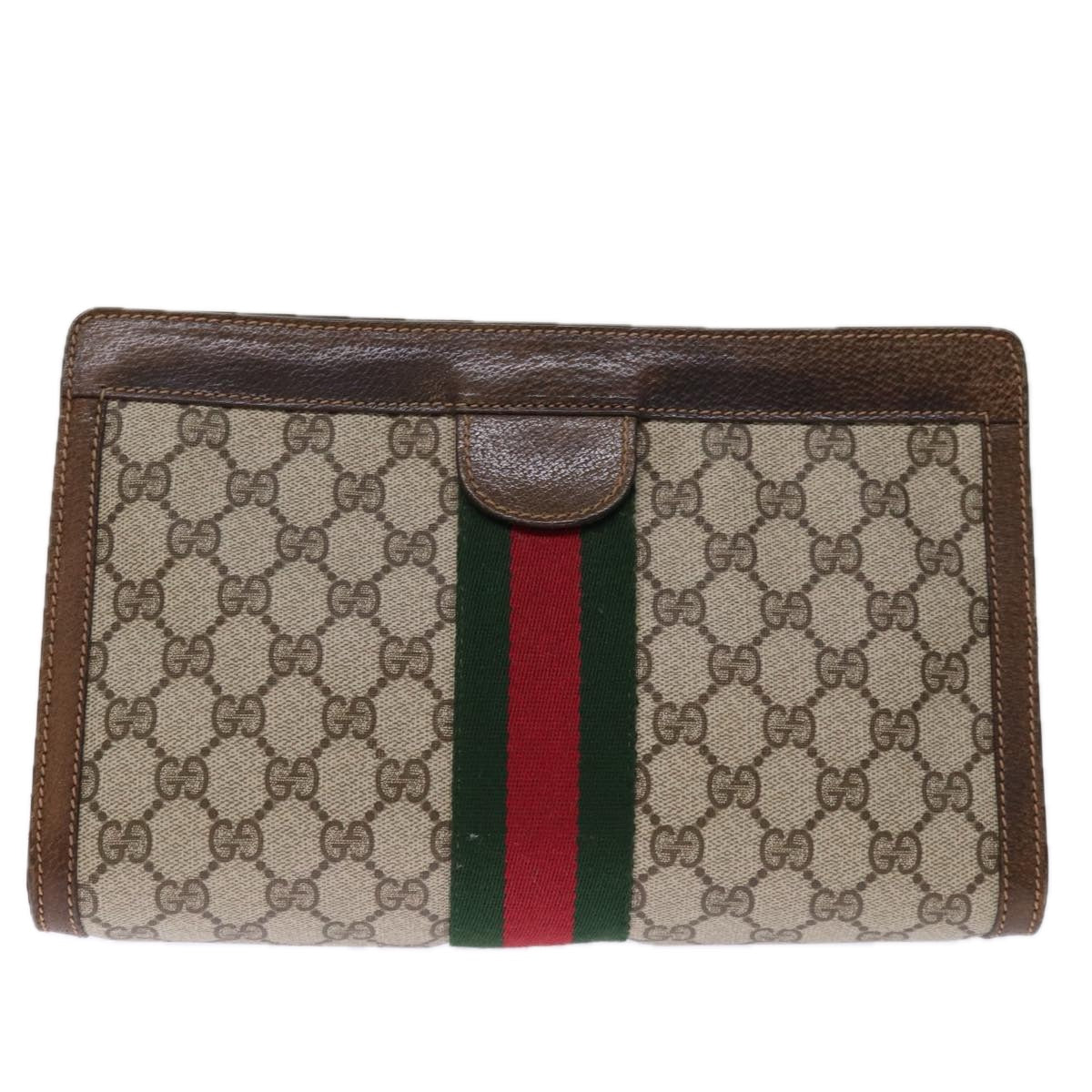 GUCCI GG Supreme Web Sherry Line Clutch Bag Beige Red 41 001 2125 28 Auth 75363