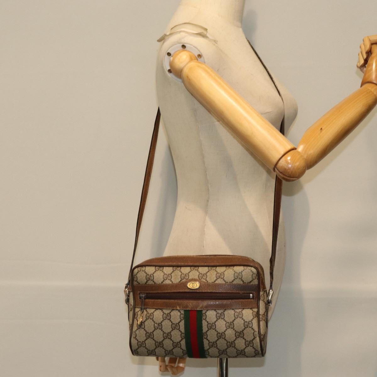 GUCCI Web Sherry Line GG Supreme Shoulder Bag Beige Red 72 001 3654 Auth 75457