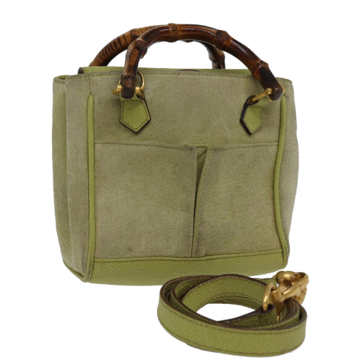 GUCCI Bamboo Hand Bag Suede 2way Green 007 2214 0238 Auth 75507