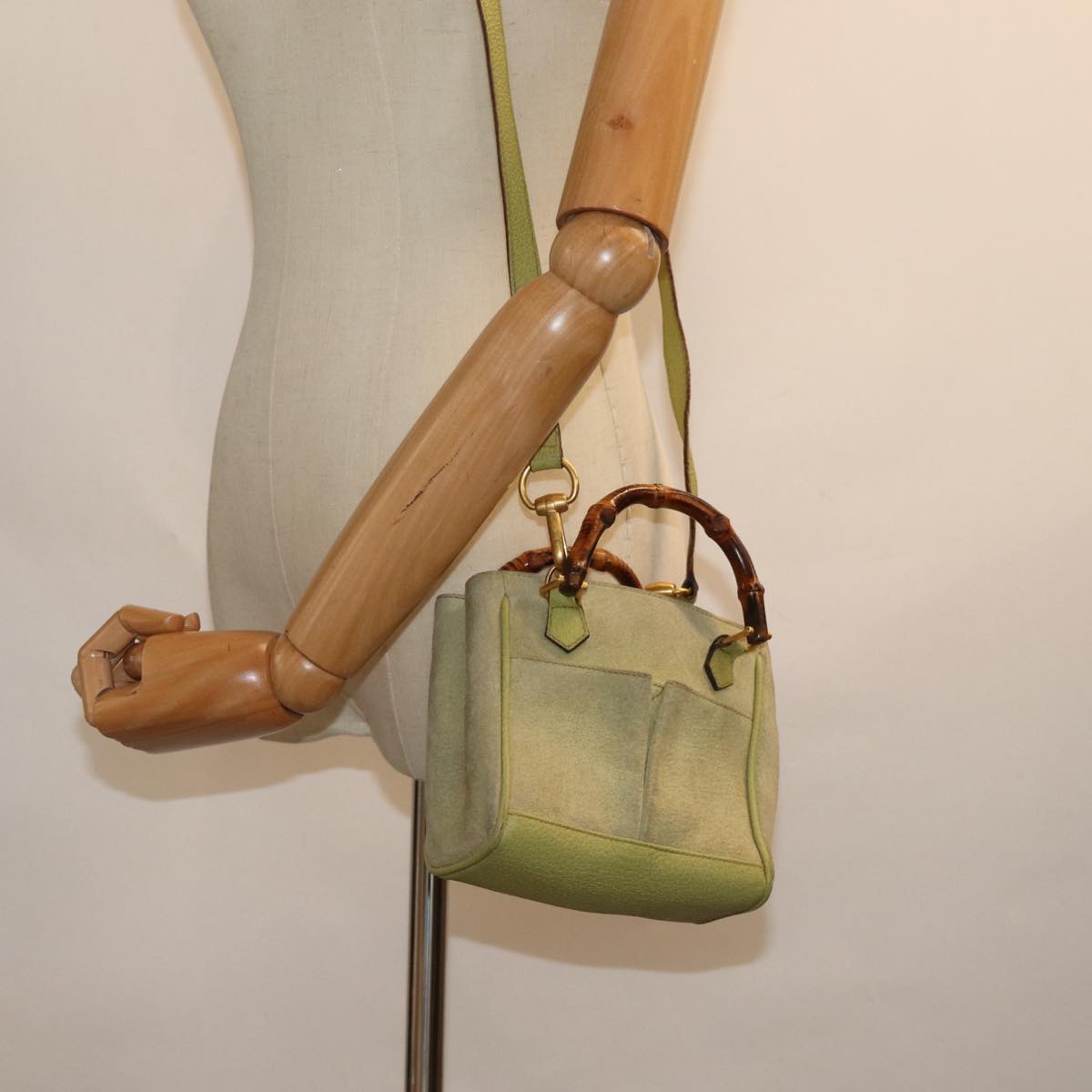 GUCCI Bamboo Hand Bag Suede 2way Green 007 2214 0238 Auth 75507