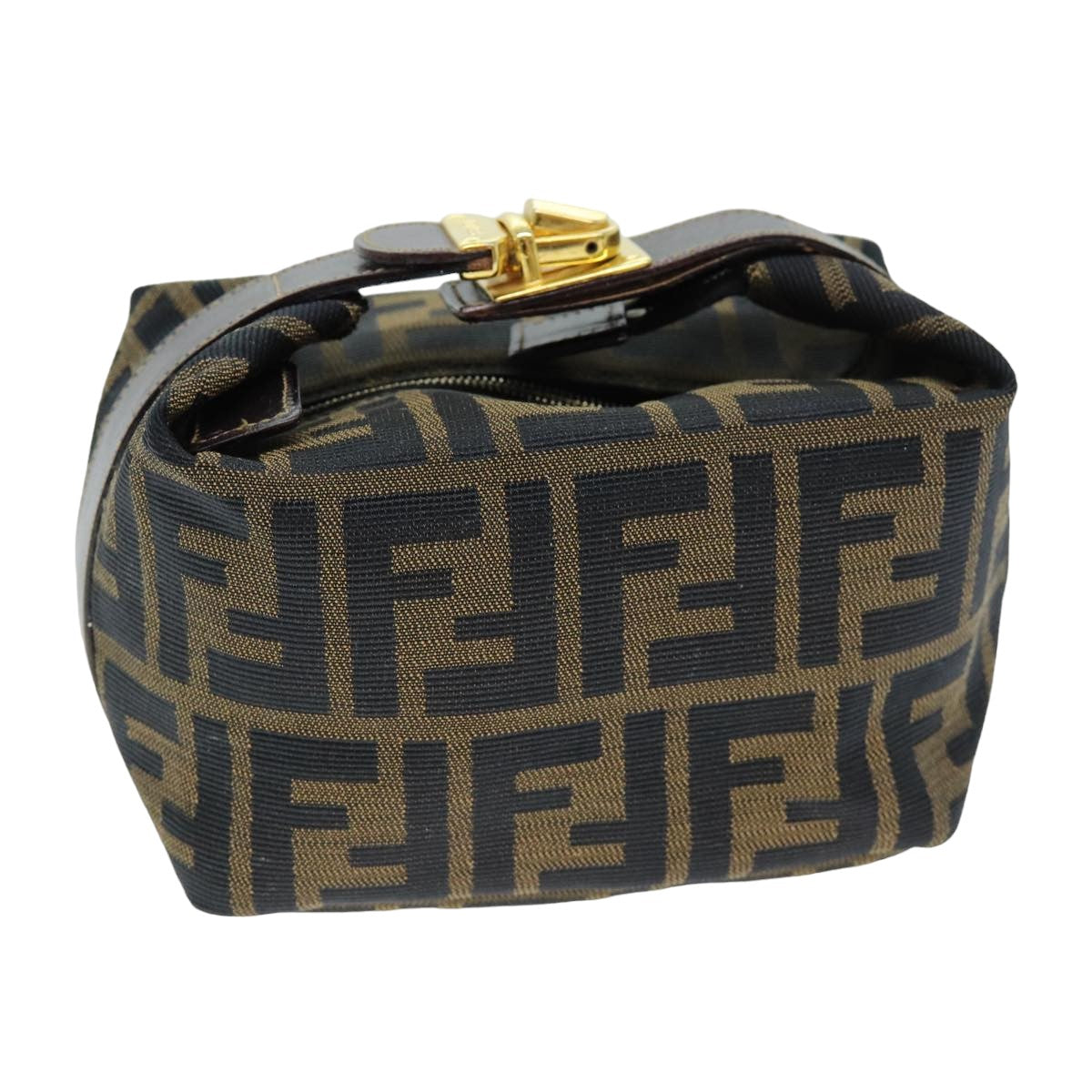 FENDI Zucca Canvas Vanity Cosmetic Pouch Brown Black Auth 75565