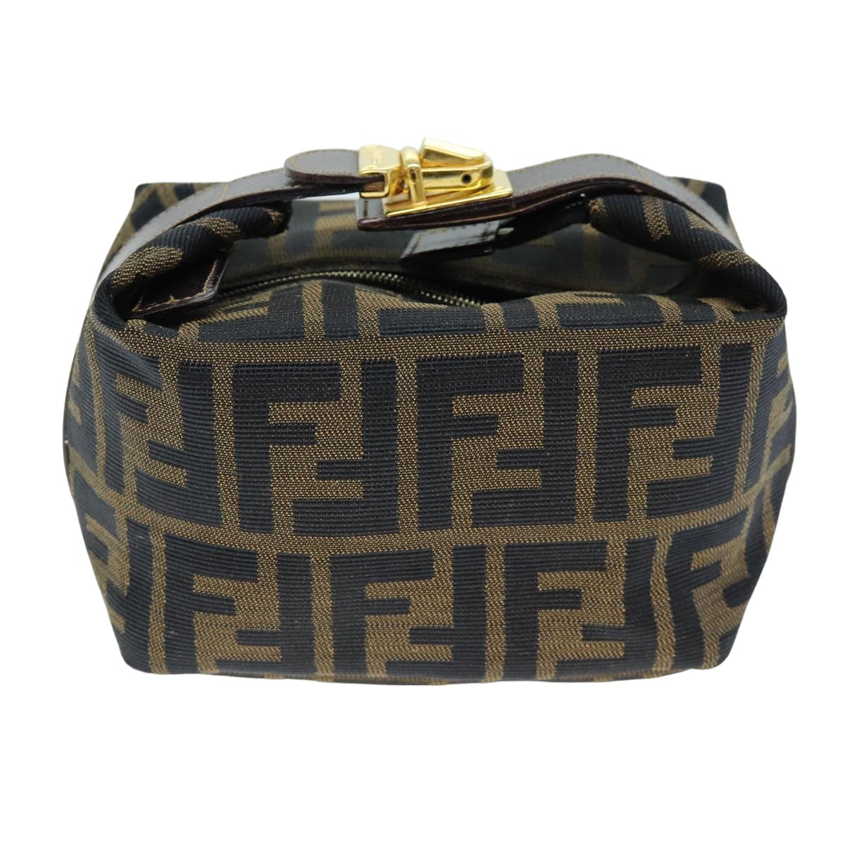 FENDI Zucca Canvas Vanity Cosmetic Pouch Brown Black Auth 75565