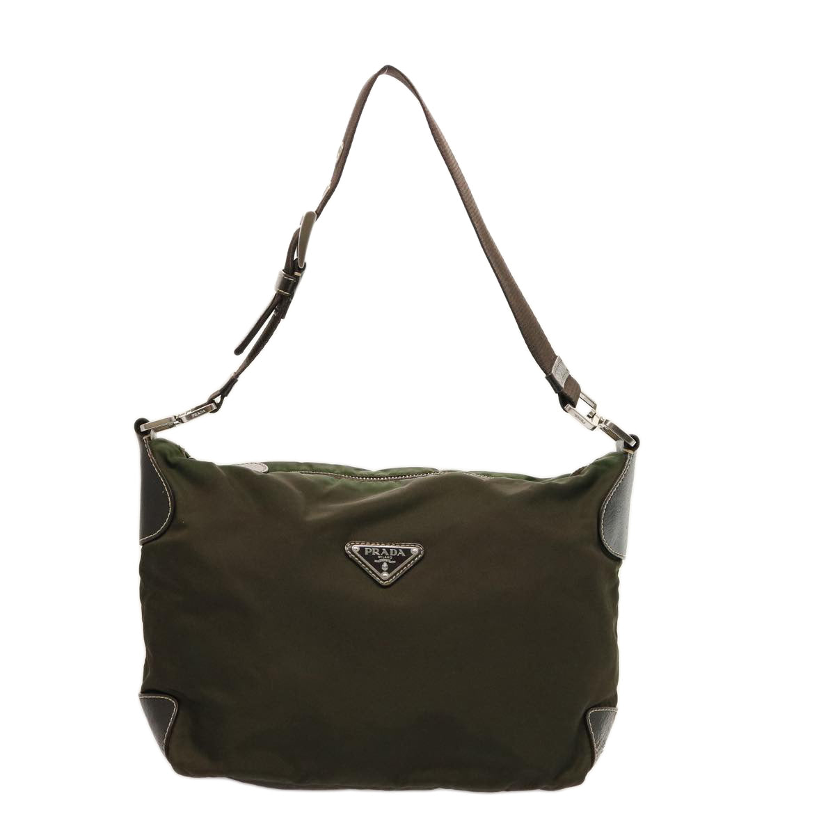 PRADA Shoulder Bag Nylon Khaki Dark Brown Auth 75574