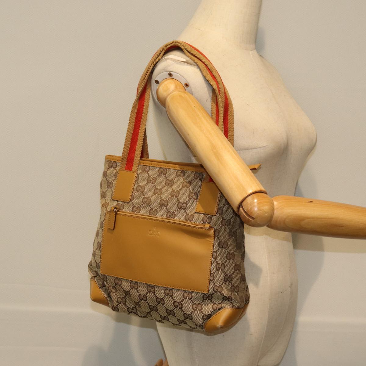 GUCCI GG Canvas Sherry Line Tote Bag Beige Red Brown 019 0402 Auth 75588