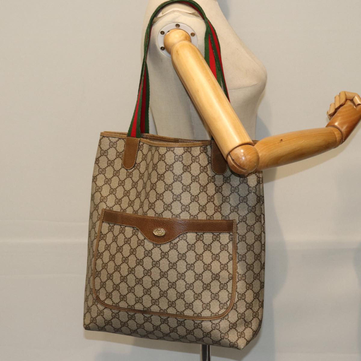 GUCCI GG Supreme Web Sherry Line Tote Bag PVC Red Beige 002 23 4487 Auth 75601