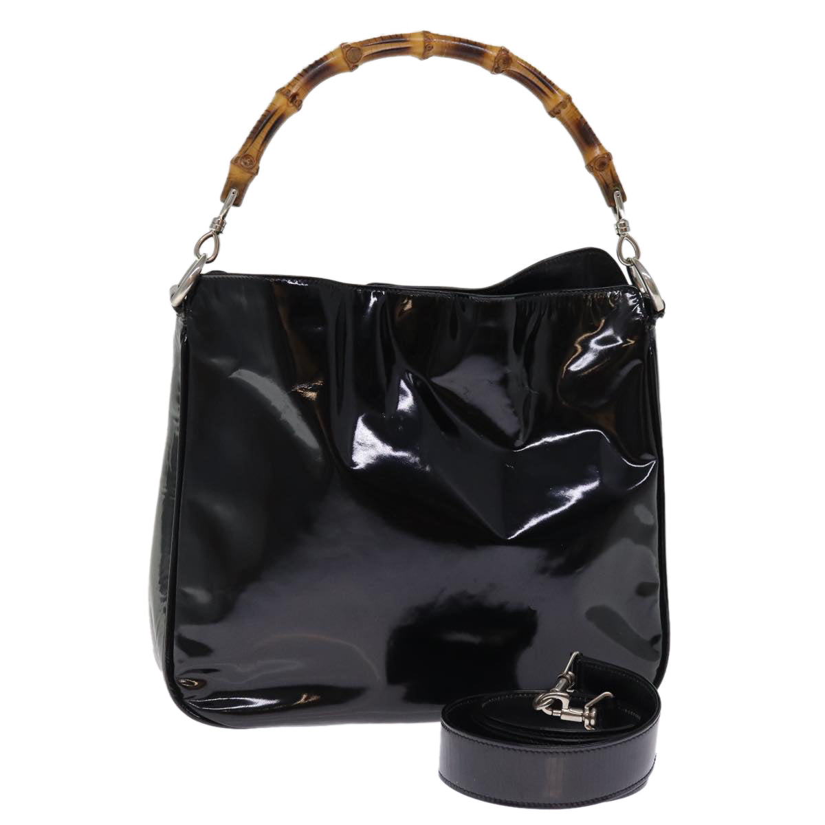 GUCCI Bamboo Shoulder Bag Patent leather 2way Black 001 2113 1638 Auth 75605