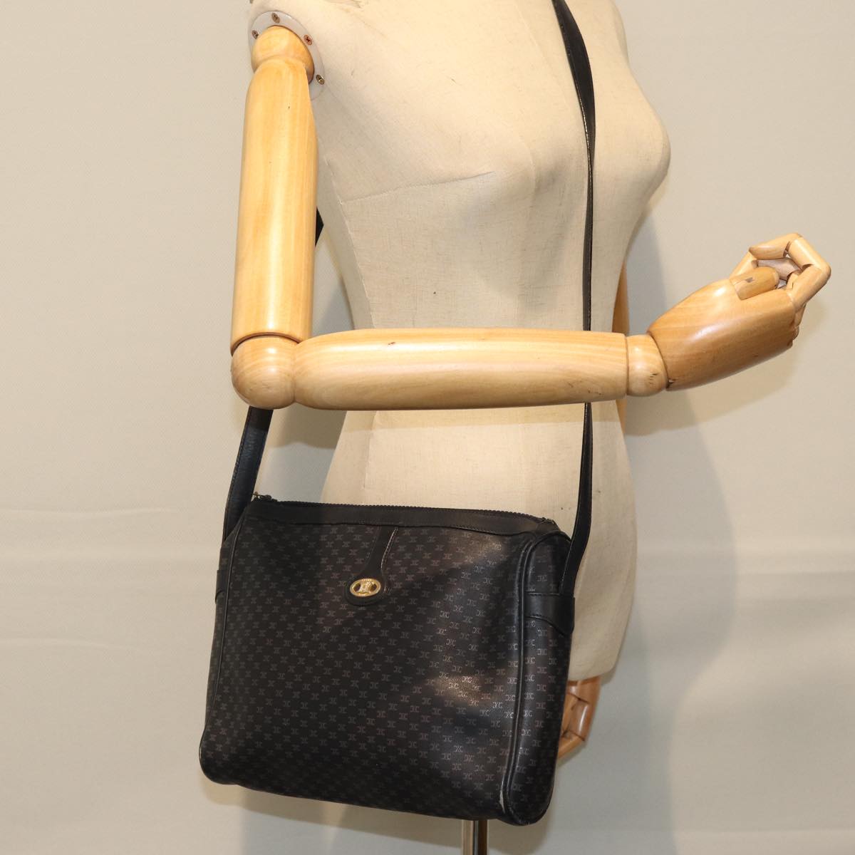 CELINE Macadam Canvas Shoulder Bag Black Auth 75625