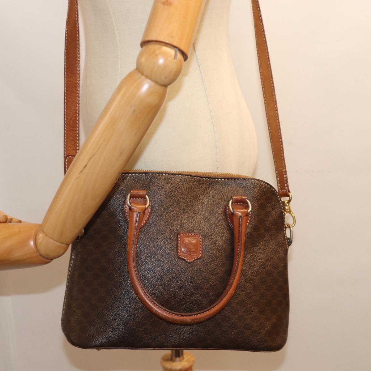 CELINE Macadam Canvas Hand Bag PVC 2way Brown Auth 75627