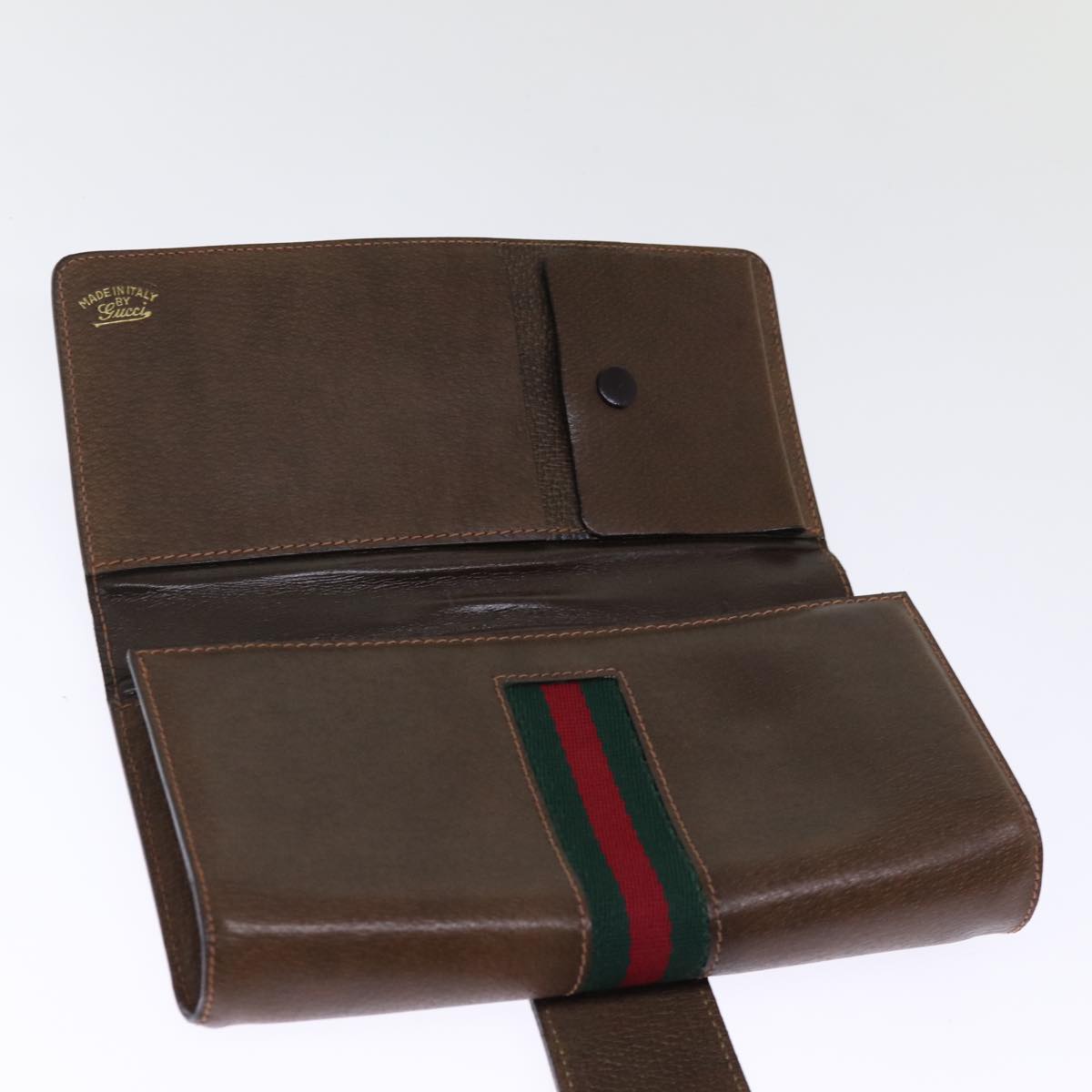 GUCCI Web Sherry Line Clutch Bag Leather Brown Red Green Auth 75653