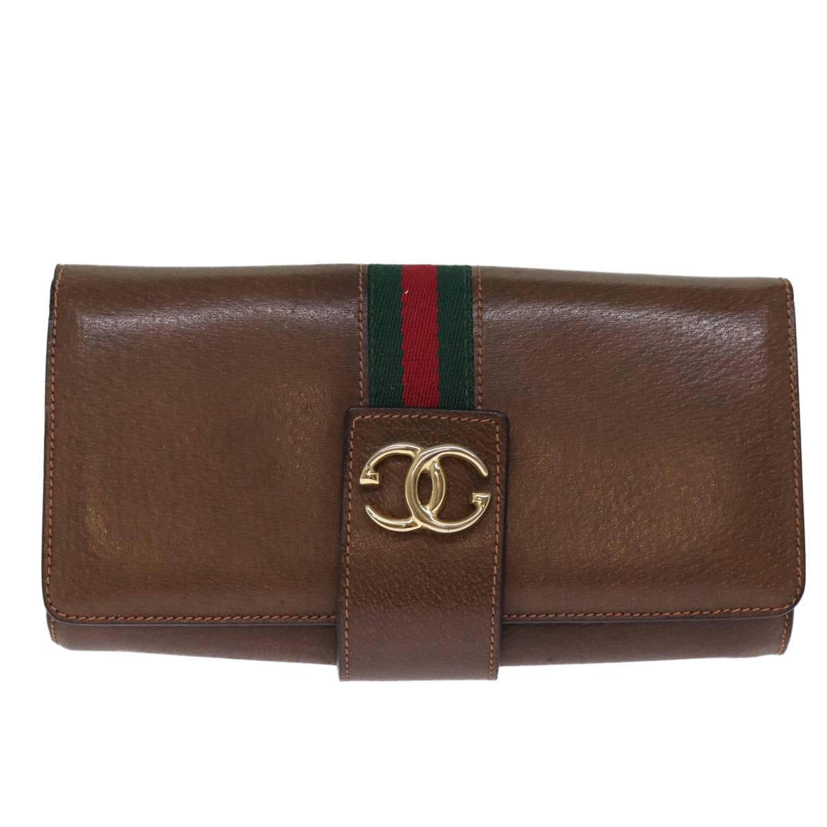 GUCCI Web Sherry Line Clutch Bag Leather Brown Red Green Auth 75653