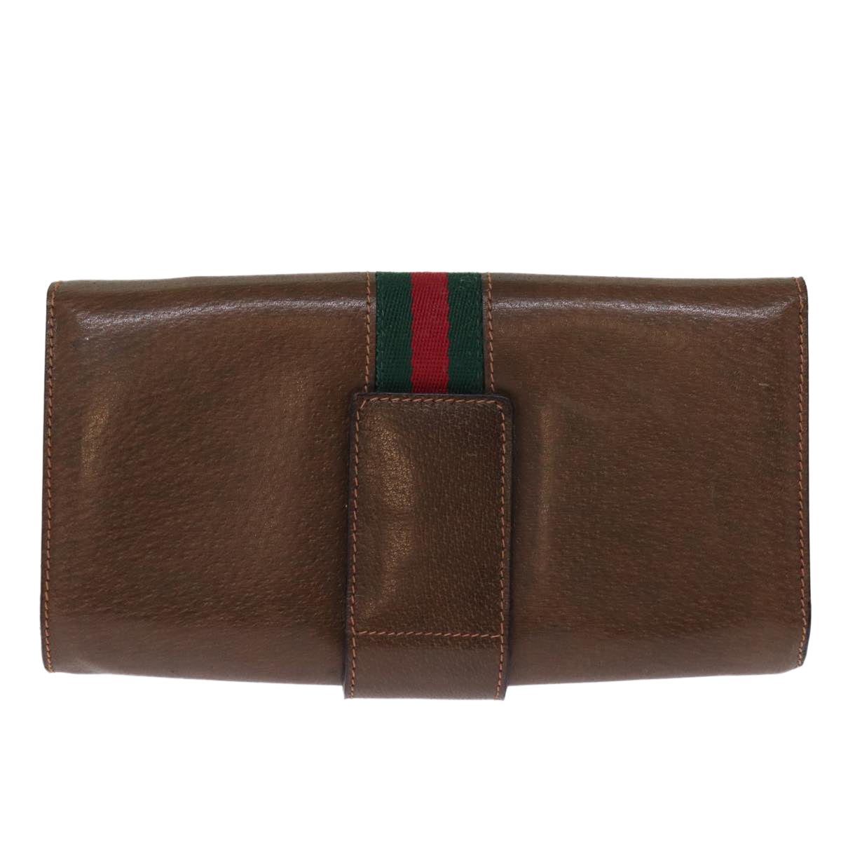 GUCCI Web Sherry Line Clutch Bag Leather Brown Red Green Auth 75653