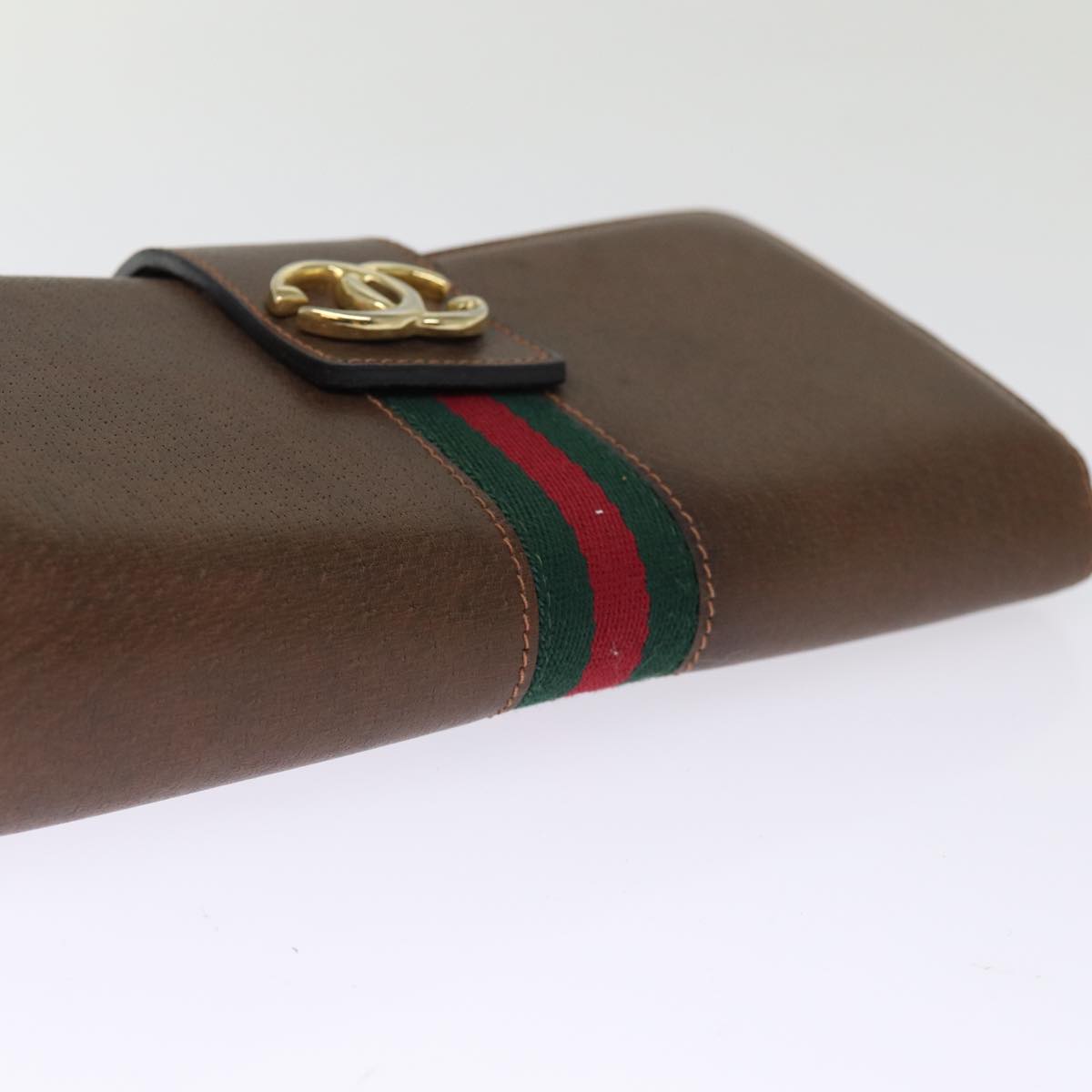 GUCCI Web Sherry Line Clutch Bag Leather Brown Red Green Auth 75653