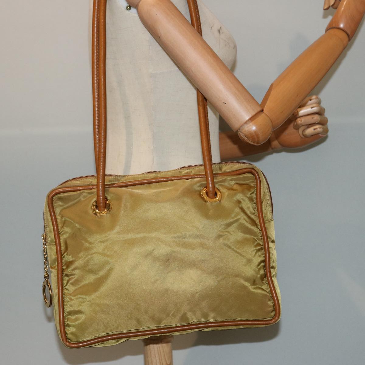 CELINE Shoulder Bag Nylon Khaki Auth 75674