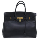 HERMES Birkin 35 Hand Bag Leather Black Gold Auth 75699-2