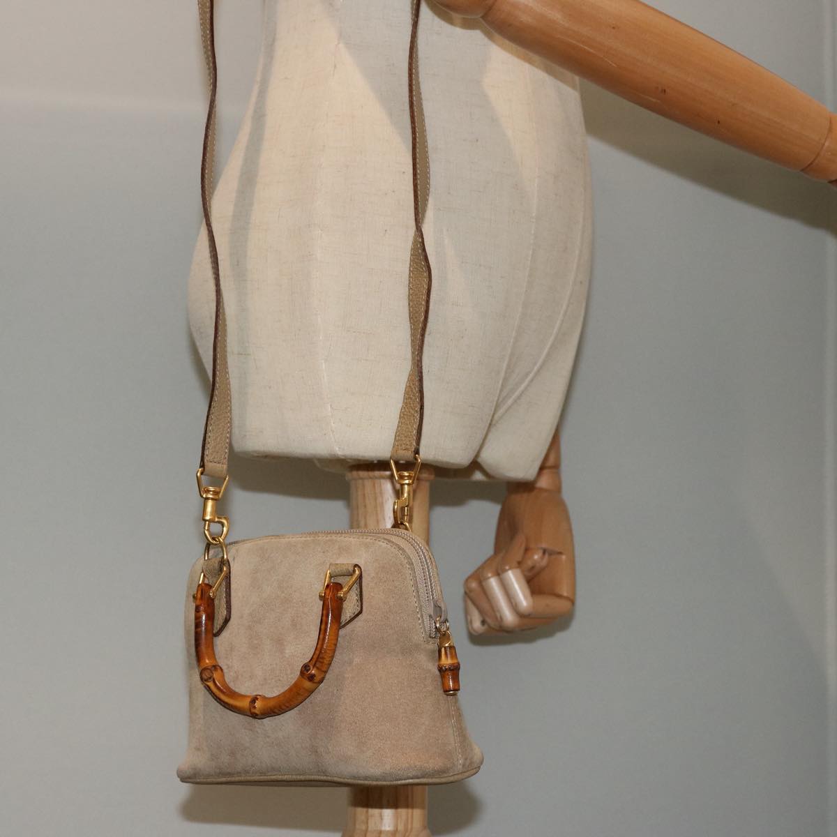 GUCCI Bamboo Hand Bag Suede 2way Beige 007 2032 0231 Auth 75795