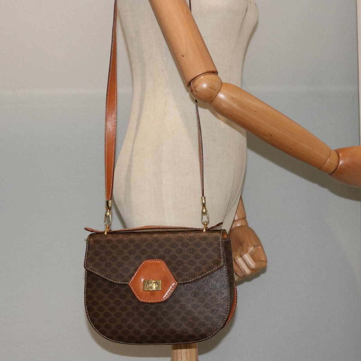 CELINE Macadam Canvas Hand Bag PVC 2way Brown Auth 75809