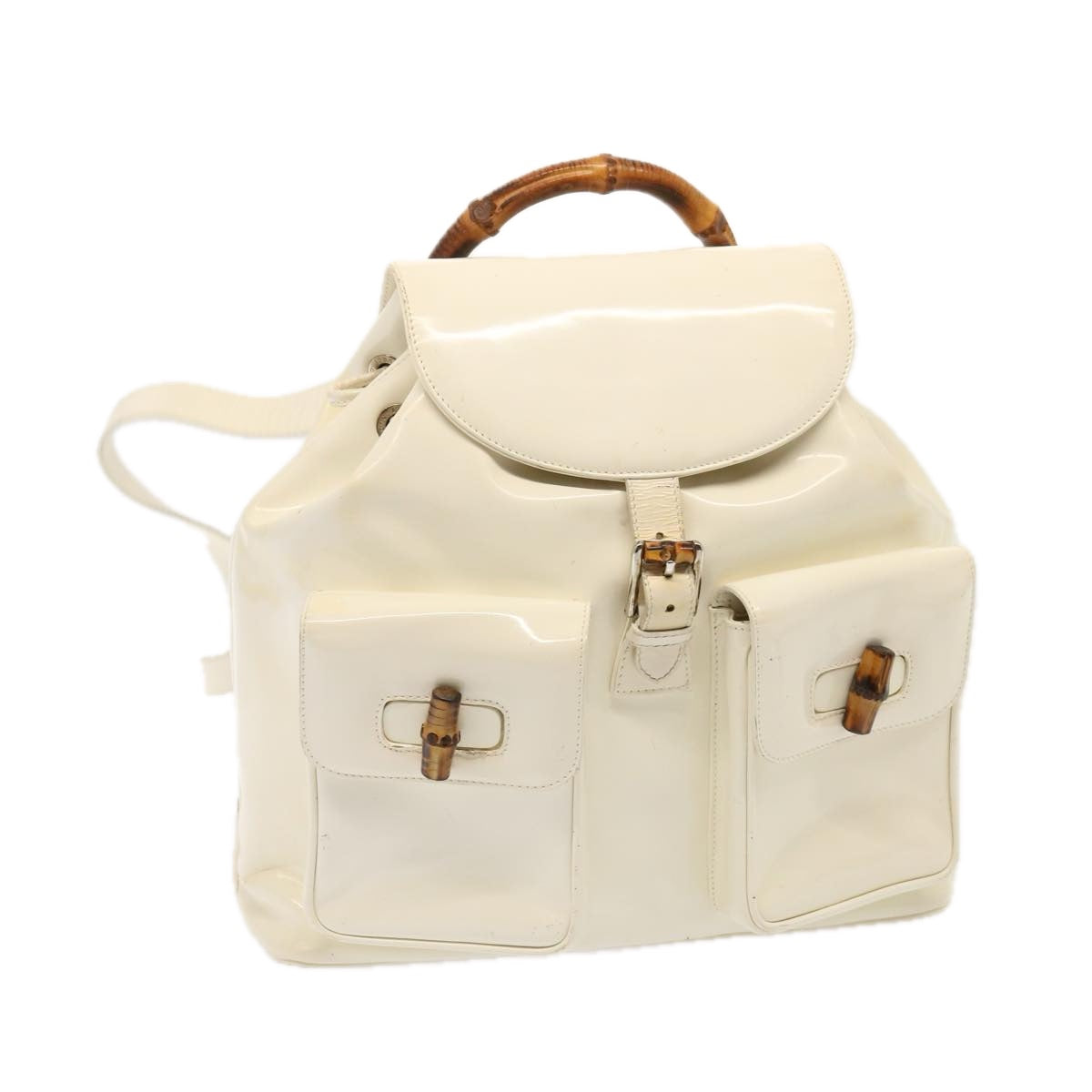 GUCCI Bamboo Backpack Patent leather White 003 2058 0016 5 Auth 75834