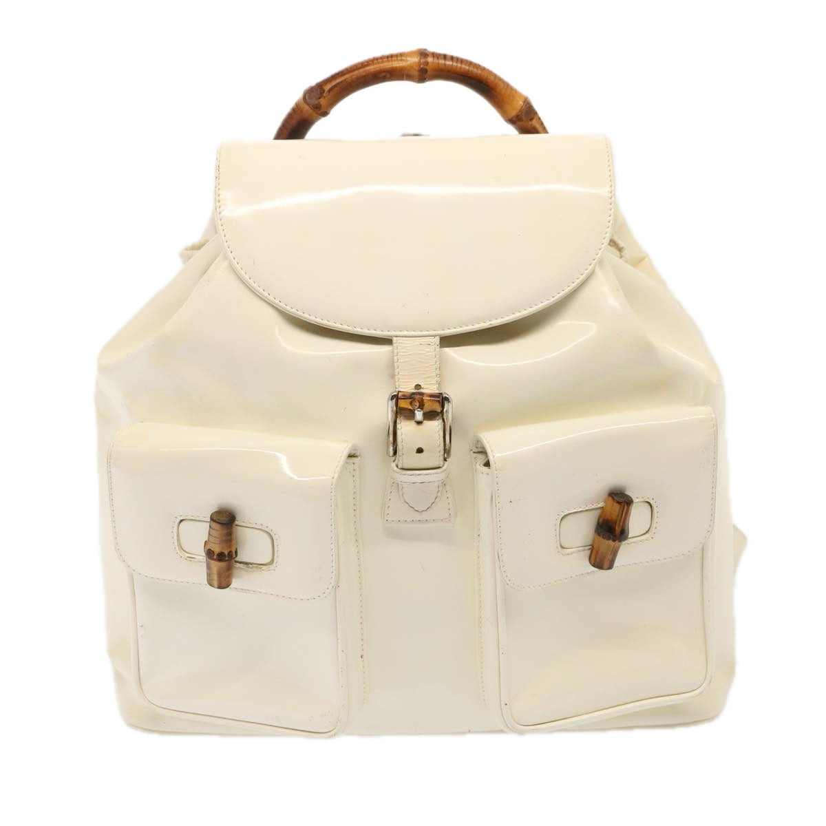 GUCCI Bamboo Backpack Patent leather White 003 2058 0016 5 Auth 75834