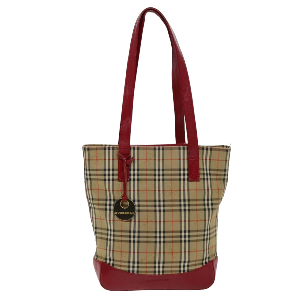 BURBERRY Nova Check Tote Bag Canvas Beige Red Auth 75837