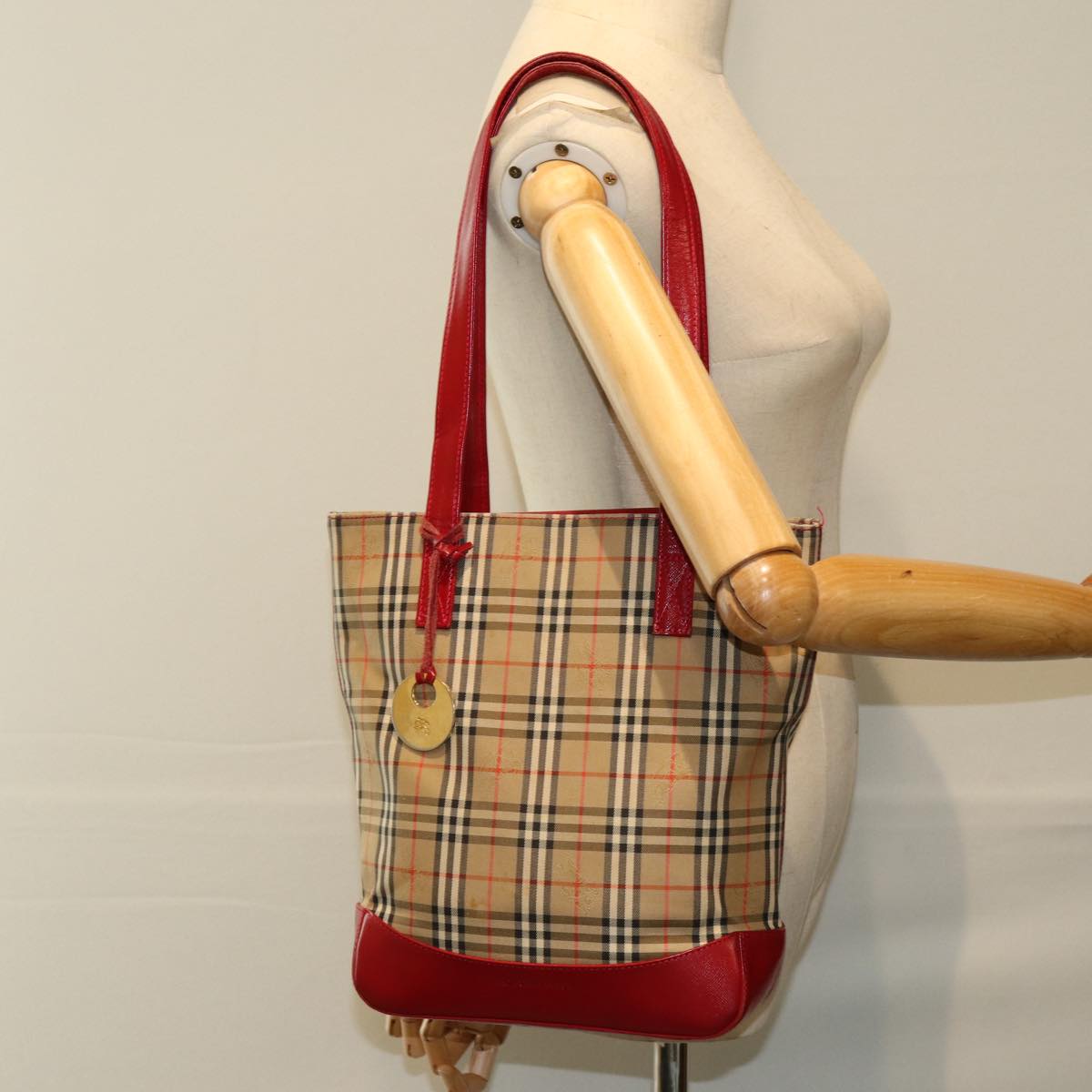 BURBERRY Nova Check Tote Bag Canvas Beige Red Auth 75837