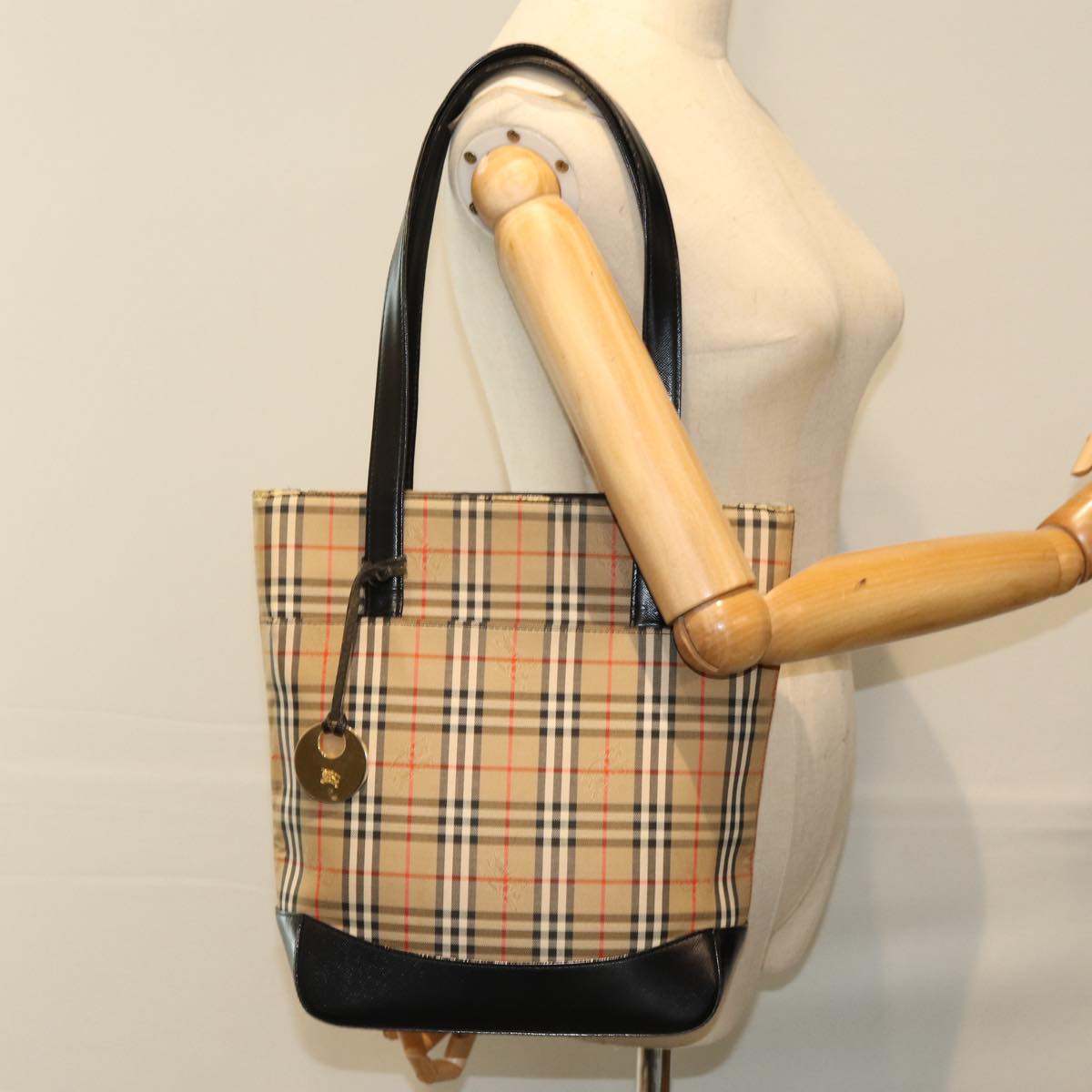 BURBERRY Nova Check Tote Bag Canvas Beige Black Auth 75838