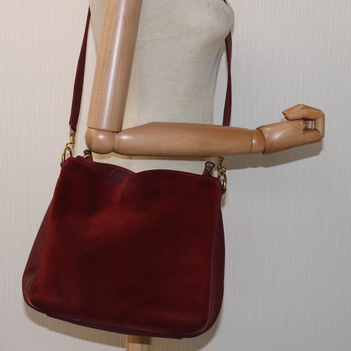 GUCCI Bamboo Shoulder Bag Suede 2way Red 001 1705 1638 Auth 75962