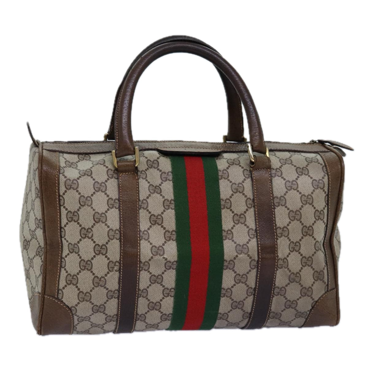 GUCCI GG Supreme Web Sherry Line Boston Bag PVC Beige Red Green Auth 75964