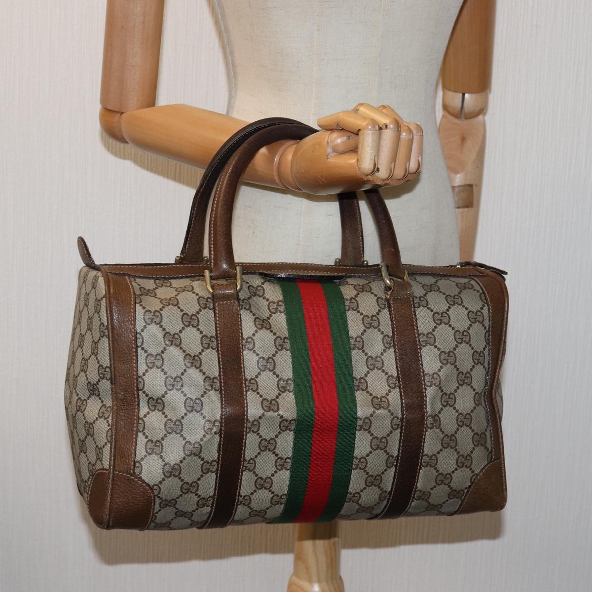 GUCCI GG Supreme Web Sherry Line Boston Bag PVC Beige Red Green Auth 75964